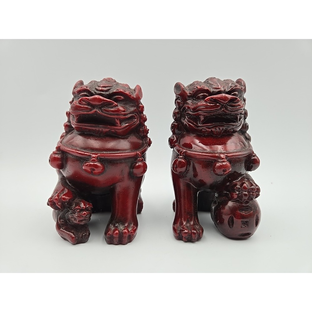 Red Decorative Foo Dog Pair - Home Art Sculpture
